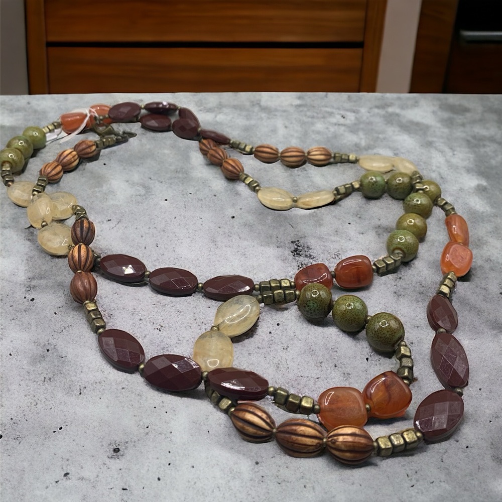 Premier Designs‎ Clear Green Brown Beaded Necklace 26” Long Lobster Claw Closure